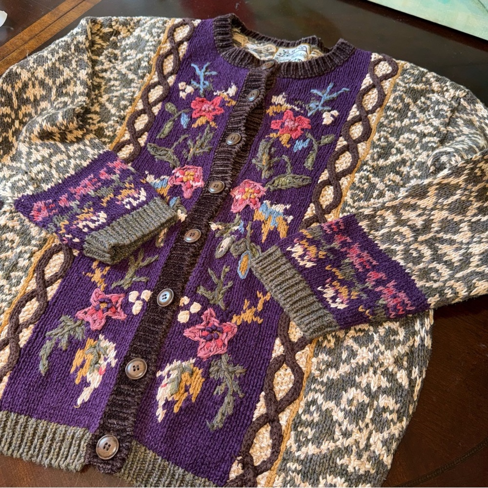 Vintage Heirloom Collectibles Purple Floral Knit Patterned Cardigan Sweater M - Picture 6 of 8